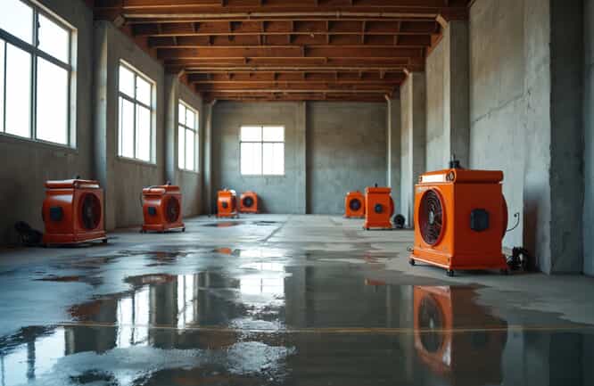 Technicians placing air movers and dehumidifiers throughout a basement