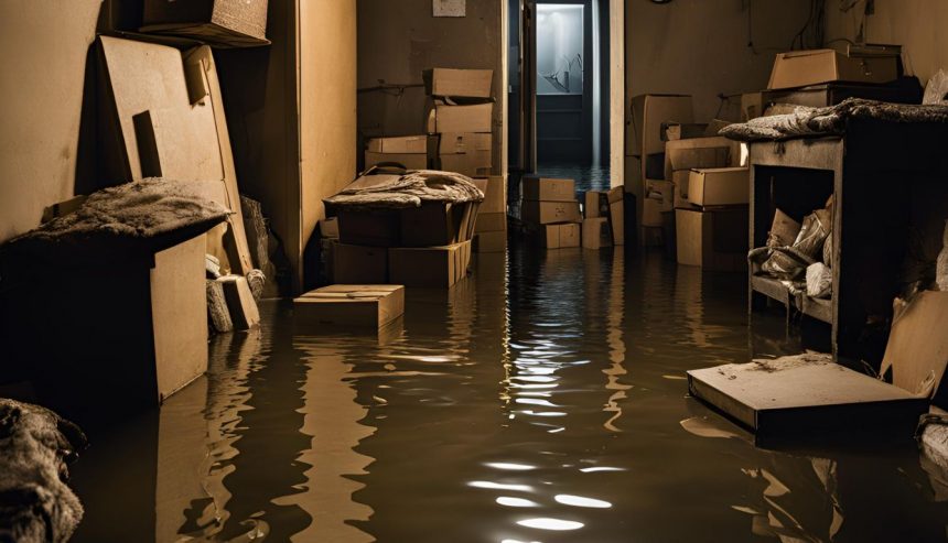 Flooded finished basement with technicians preparing extraction equipment