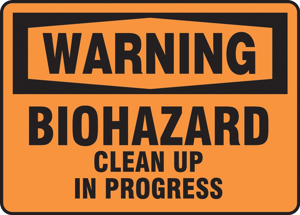 Biohazard warning signage during cleanup