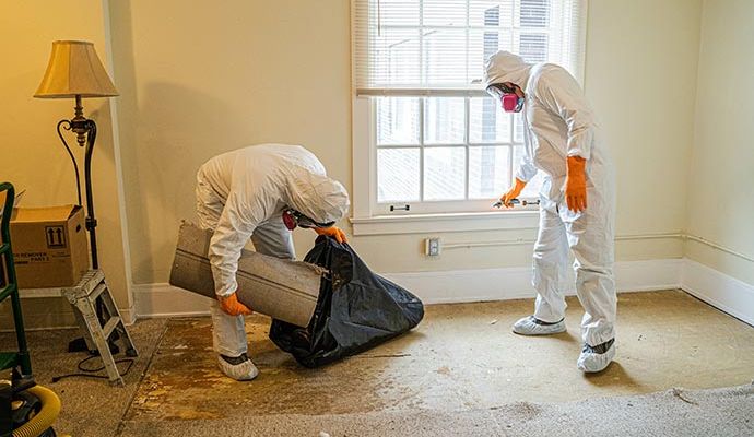 biohazard cleanup team disinfecting residential property interior