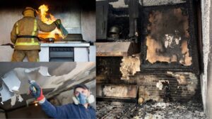 professional fire restoration technician cleaning smoke damage in a modern Centennial CO kitchen