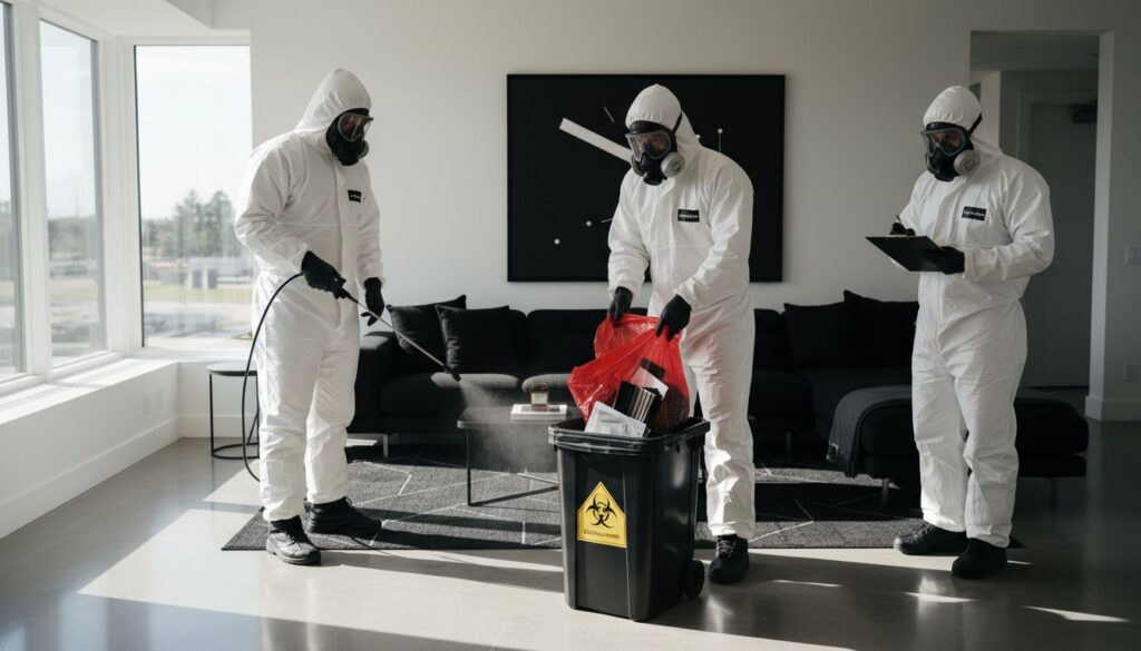 biohazard cleanup team establishing a secure containment area in a residential building