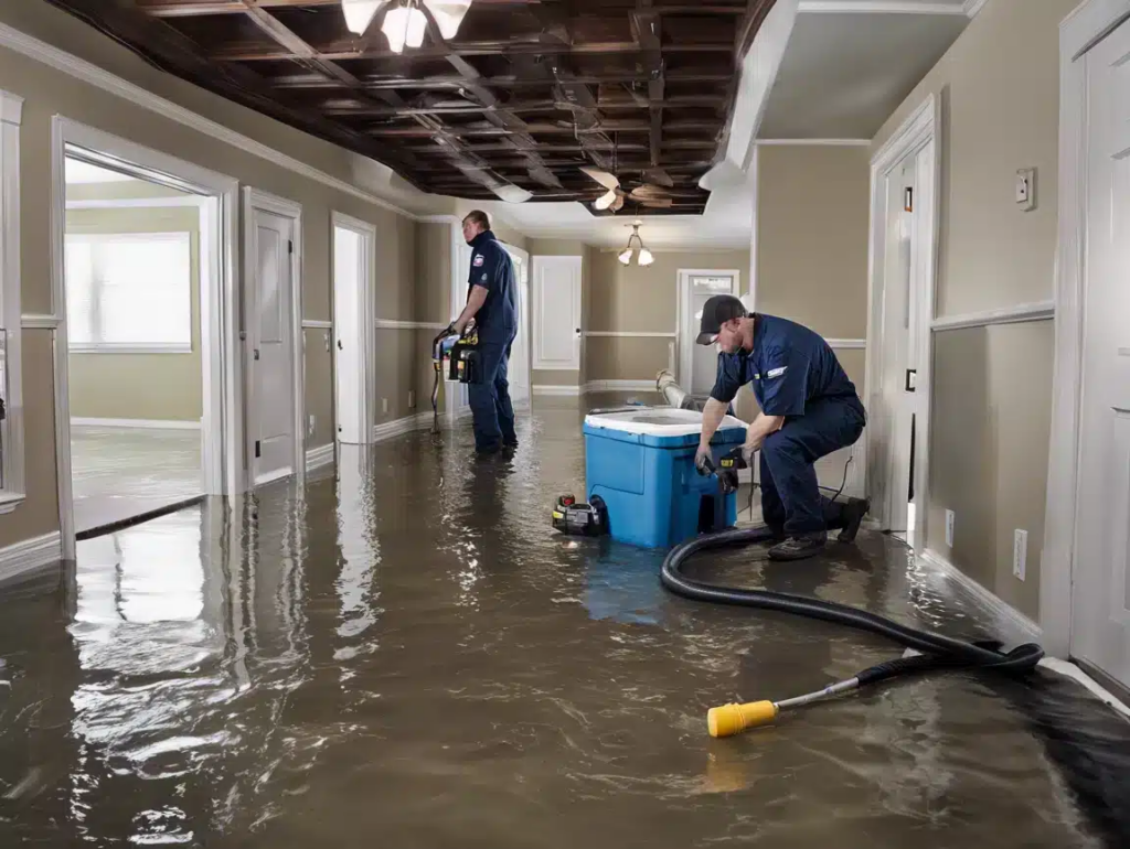restoration technician using water extraction equipment in a flooded Centennial home