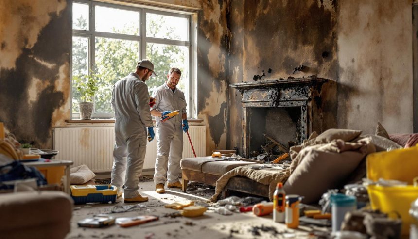 Fire restoration team assessing smoke damage in a living room
