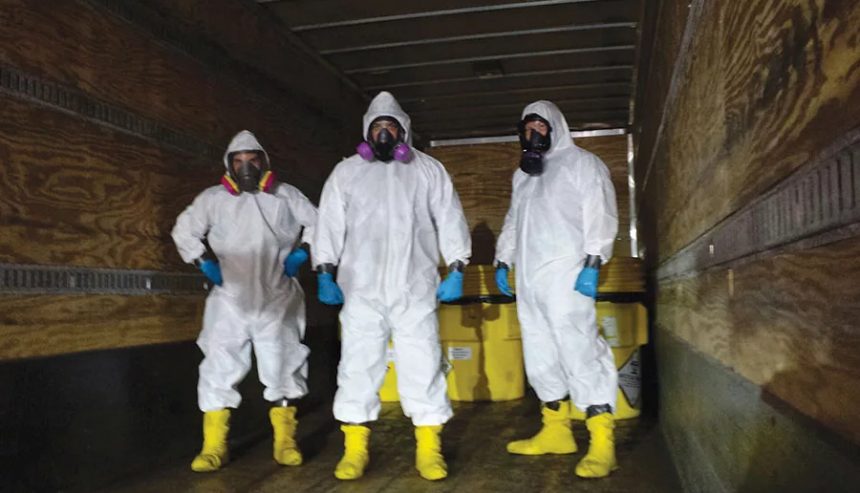 Technician in full protective gear preparing equipment outside a Centennial property