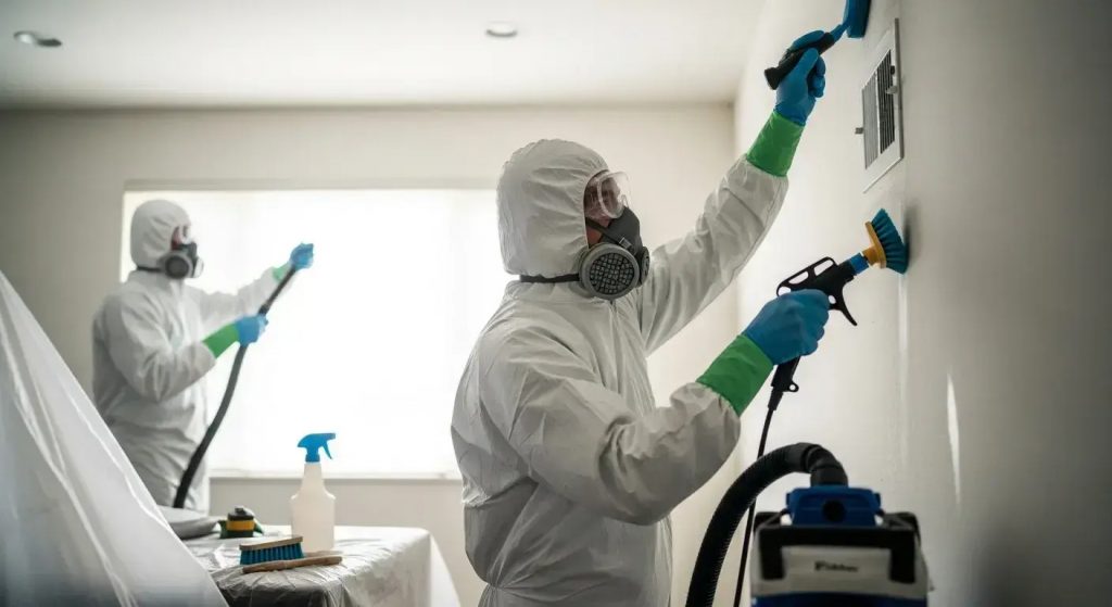 Technician using professional disinfectant sprayers and HEPA air scrubbers inside a contaminated room