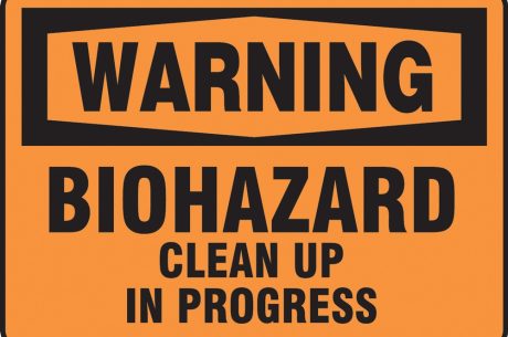 Biohazard warning signage during cleanup