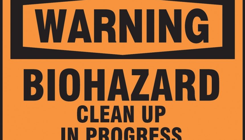 Biohazard warning signage during cleanup
