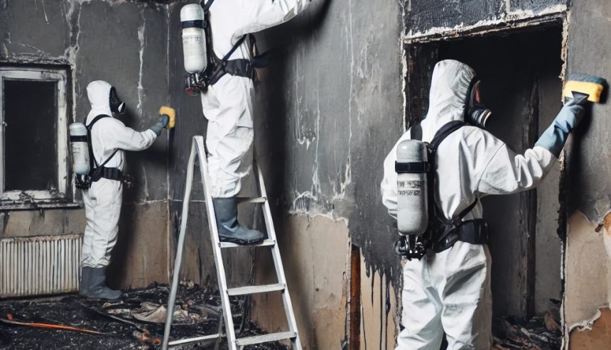 fire damage restoration technicians cleaning soot from walls
