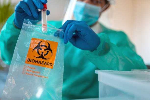 biohazard warning signs and contaminated residential interior