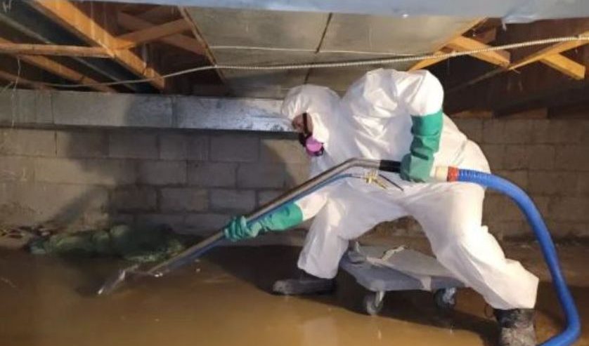 emergency water damage restoration team working inside flooded home
