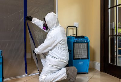 certified mold removal technician in protective gear performing remediation