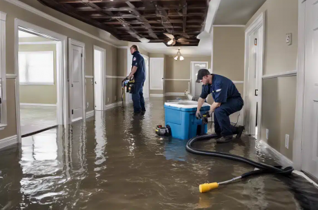 restoration technician using water extraction equipment in a flooded Centennial home