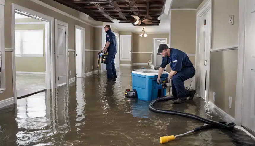 restoration technician using water extraction equipment in a flooded Centennial home