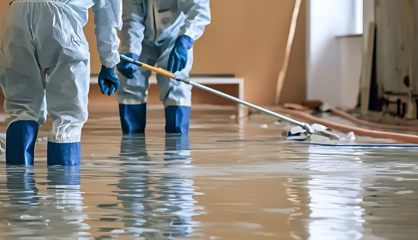 technician in protective gear inspecting a flooded basement for structural damage