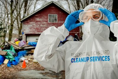 Certified biohazard cleanup technician in full protective equipment preparing to remediate a contaminated property in Centennial CO