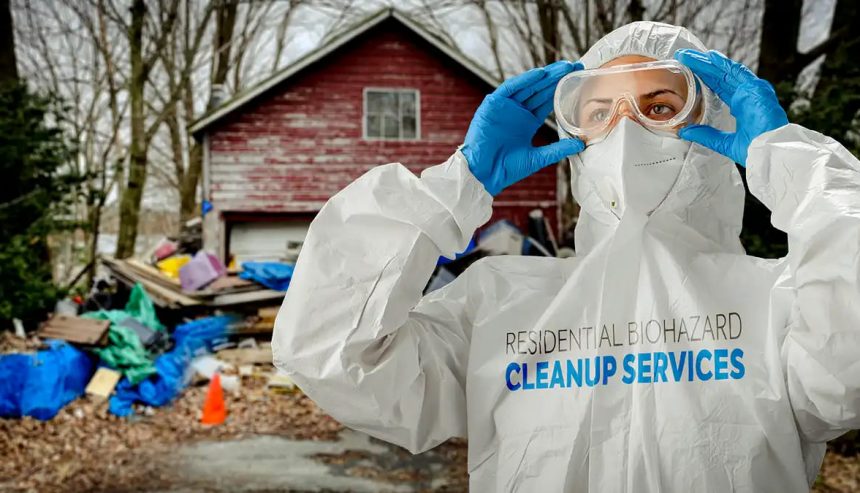 Certified biohazard cleanup technician in full protective equipment preparing to remediate a contaminated property in Centennial CO
