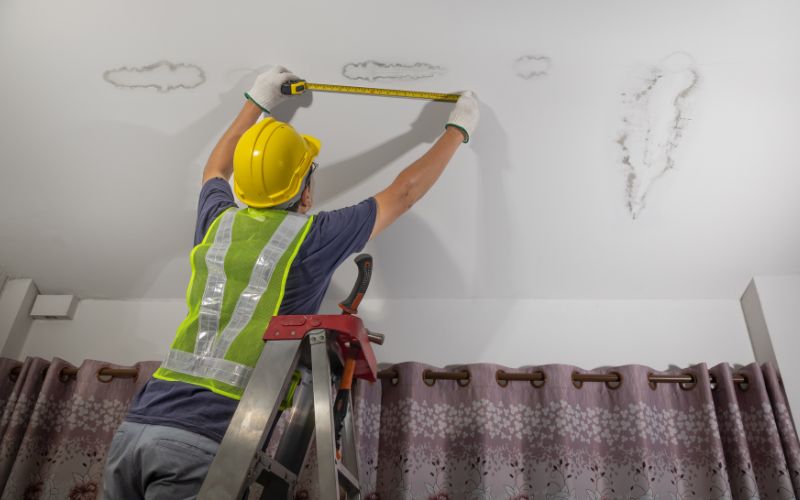 Man measuring water damage on house