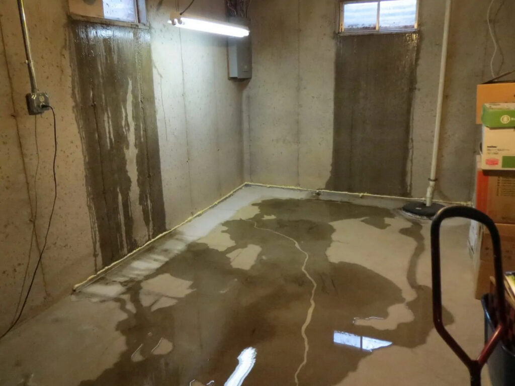 Basement with water intrusion along foundation wall