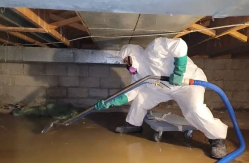 emergency water damage restoration team working inside flooded home