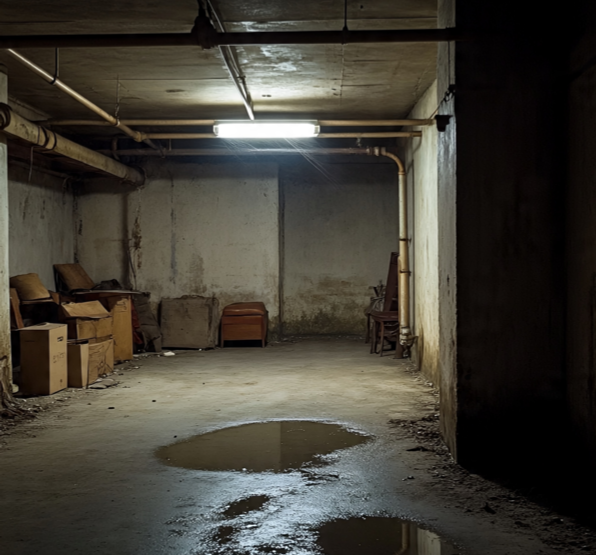 Homeowner cleaning flooded basement floor to prevent mold growth after water damage