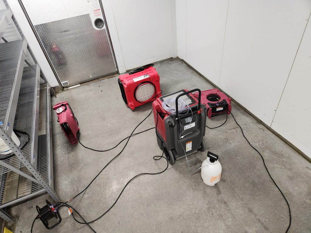 Commercial walk-in cooler, water damage restoration equipment, air movers, dehumidifier, Hepa filtration system