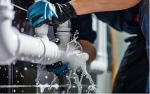 Burst PVC pipe vigorously spraying water from a leak.