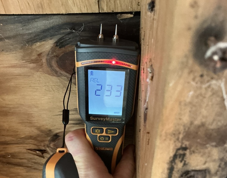A hand holds a moisture meter showing a 'WET' reading of 233 on a wooden surface.