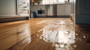 Water puddles and droplets spread across a shiny wooden kitchen floor, indicating a leak. TITLE