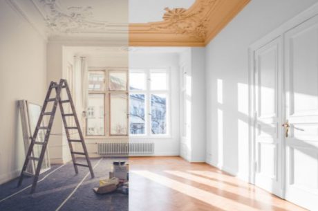 Split screen of a room with half of it damaged and the other half restored and clean.