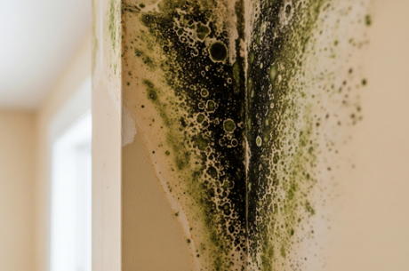 Serious green/ black mold infestation on a wall.