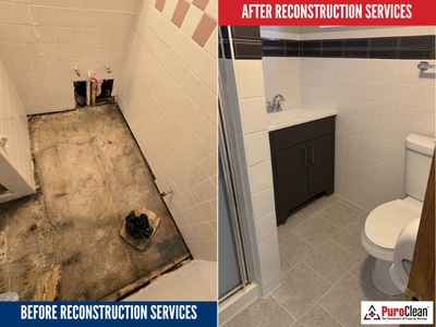 Before and after image showing bathroom damage repaired with professional reconstruction services by PuroClean of Downtown Chicago.
