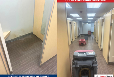 Before and after photos of commercial water damage restoration showing drying equipment in place to reduce business interruption and restore operations efficiently