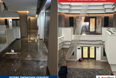 Commercial water damage restoration in Downtown Chicago, showing professional emergency services before and after cleanup to protect the property and prevent further damage.