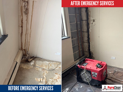 Before-and-after photo of flood damage recovery in a Downtown Chicago apartment, showing stained drywall and professional drying equipment at work.