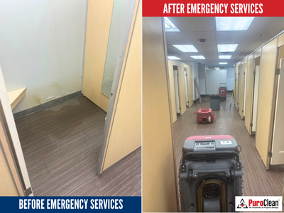 Before and after photos of commercial water damage restoration showing drying equipment in place to reduce business interruption and restore operations efficiently