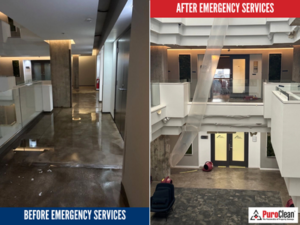 Commercial water damage restoration in Downtown Chicago, showing professional emergency services before and after cleanup to protect the property and prevent further damage.