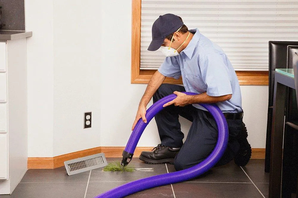 Technician performing duct cleaning with specialized vacuum equipment and hoses