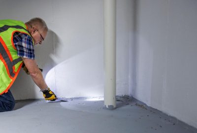 Technician inspecting drywall for signs of hidden mold growth