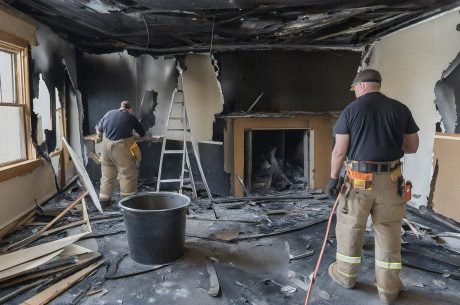 Fire restoration specialists inspecting smoke-damaged living room