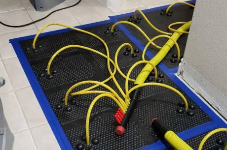 Water-soaked living room floor with technicians preparing extraction equipment