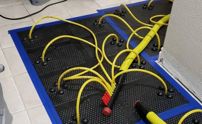 Water-soaked living room floor with technicians preparing extraction equipment