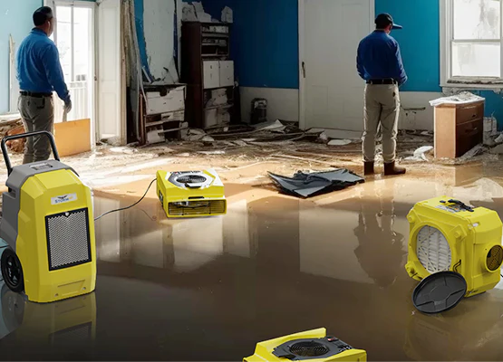 professional flood damage drying equipment set up inside home
