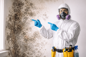mold removal specialist using an air scrubber and containment barrier in a Covington LA home
