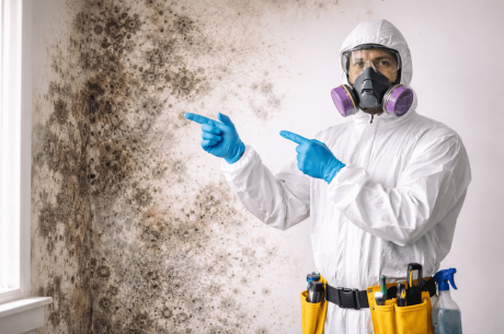 mold removal specialist using an air scrubber and containment barrier in a Covington LA home