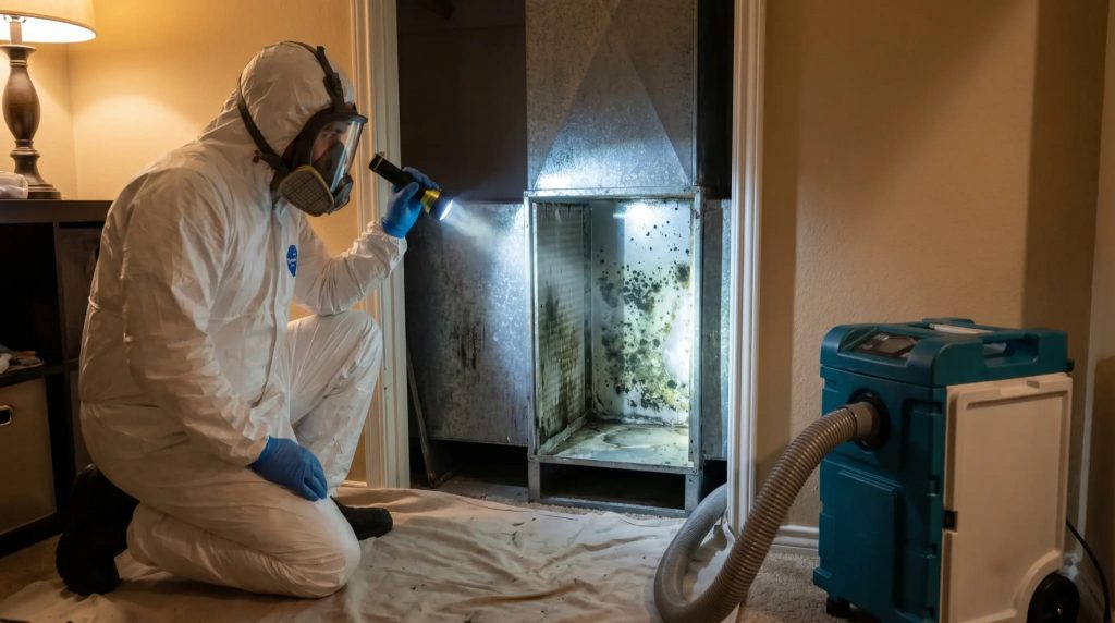 Professional mold remediation technician inspecting and treating mold contamination inside residential HVAC ductwork in a Covington LA home