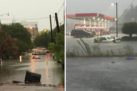 Flooded downtown Covington LA commercial street showing flood damage impact on small businesses requiring professional flood damage restoration
