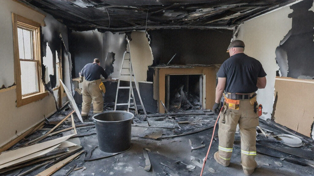 Fire restoration specialists inspecting smoke-damaged living room