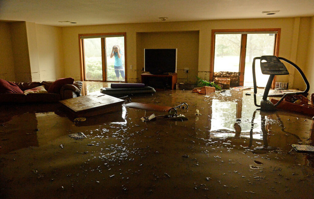 Interior room with visible moisture after a water event