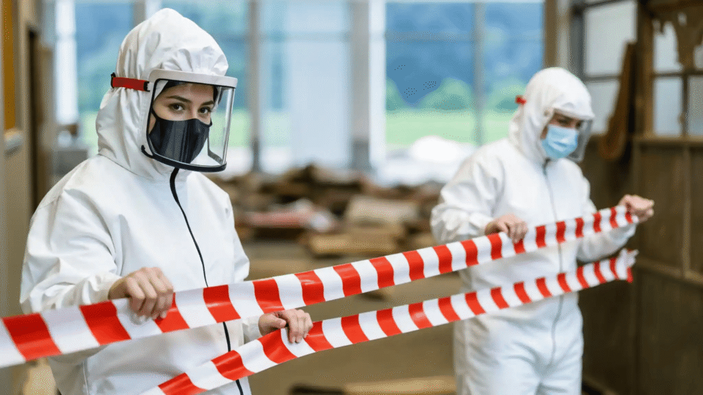 professional biohazard cleanup technician in full PPE performing sanitization in a Covington LA property